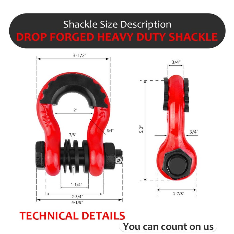 AMBULL Shackles 3/4" D Ring Shackle (2 Pack) 45,000lb Break Strength with 7/8" Pin, Anti Theft Security Screws, Isolator & Washer Kits for Use with Tow Strap Winch Truck Vehicle Recovery, Red - Image 3